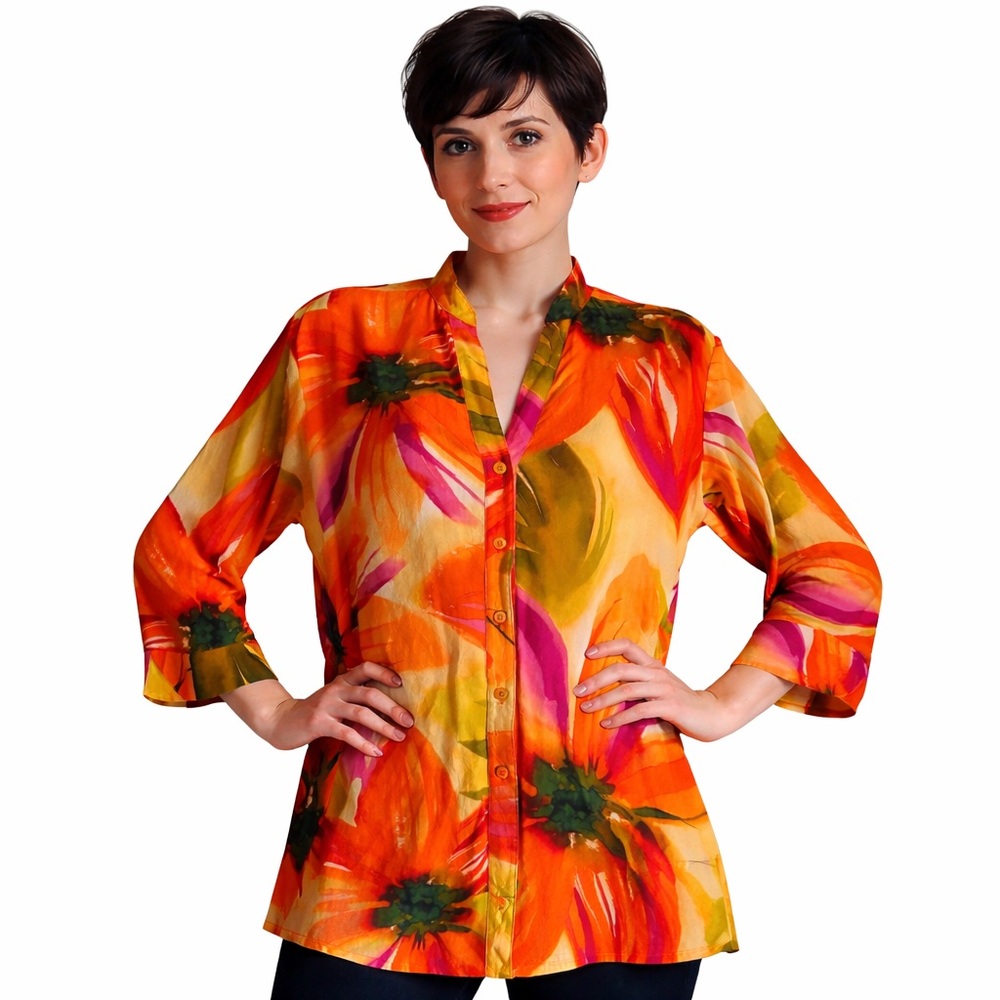 Jams World Hawaiian Tunic Blouse Size Small Colorful MulticolorPrint 3/4 Sleeve